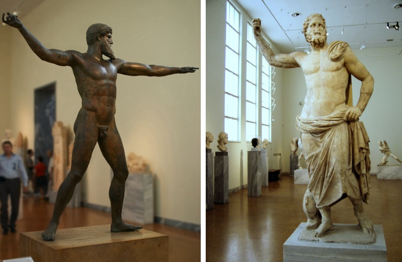 Poseidon statue on the Acropolis of Athens & the sculpture in the Temple of Poseidon 