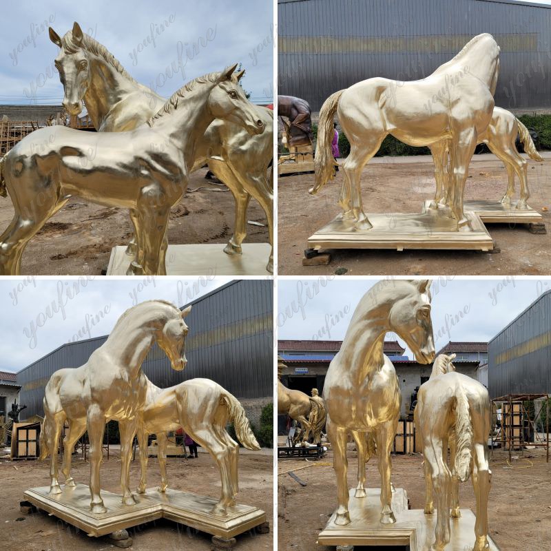 golden bronze mare and foal statue (1)