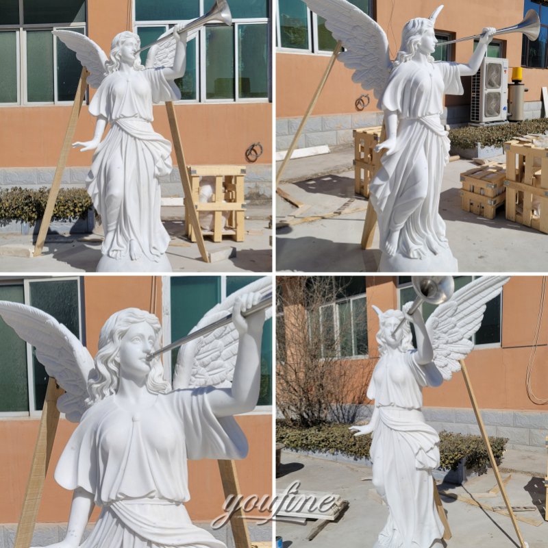 marble angel with trumpet statue in factory