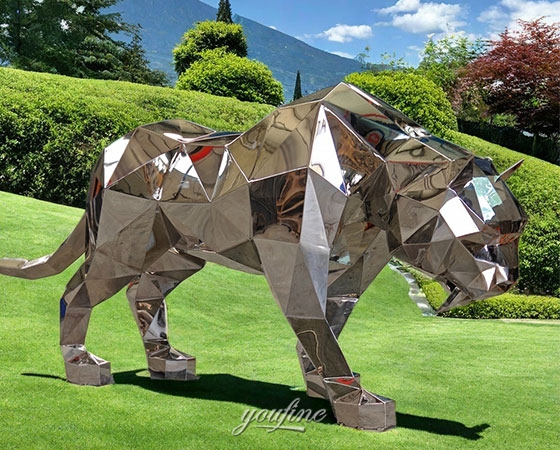 mirror polished metal leopard statue