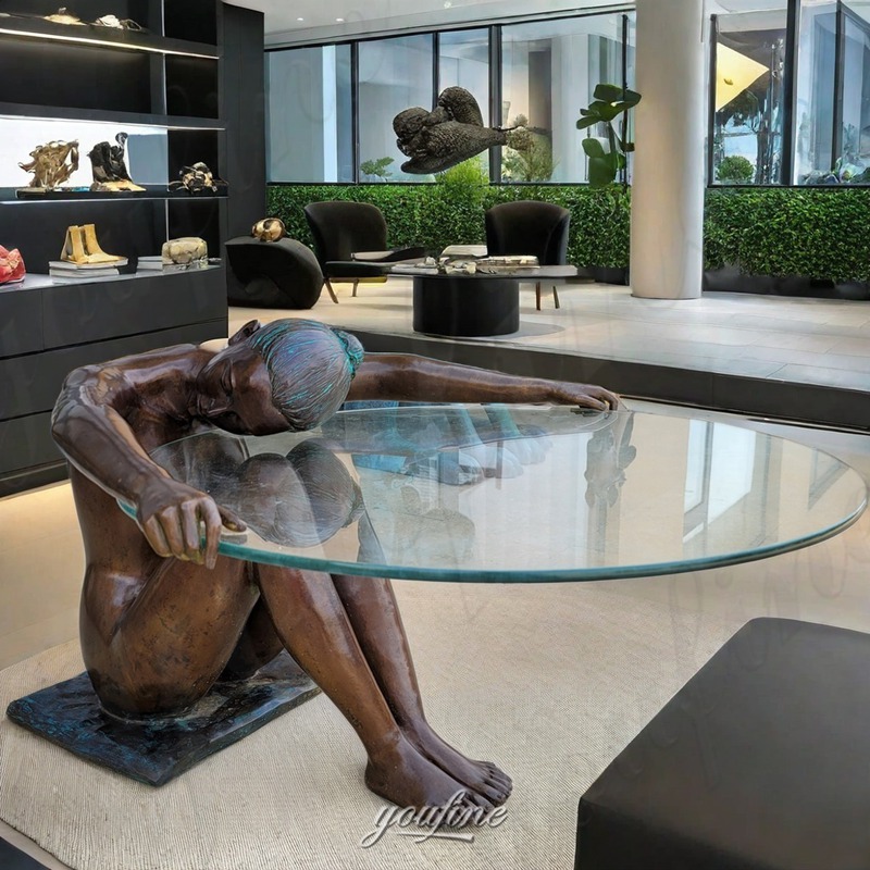 bronze coffee table with woman statue