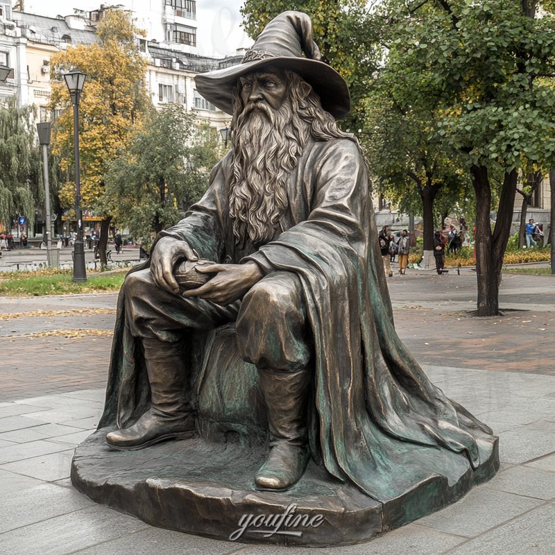 bronze sitting gandalf sculpture