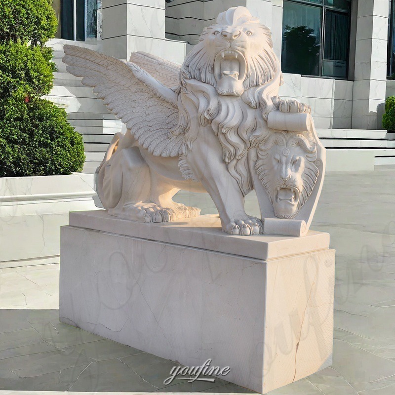 lion with shield in front of horse