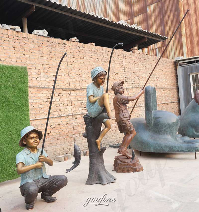 bronze boy fishing sculpture